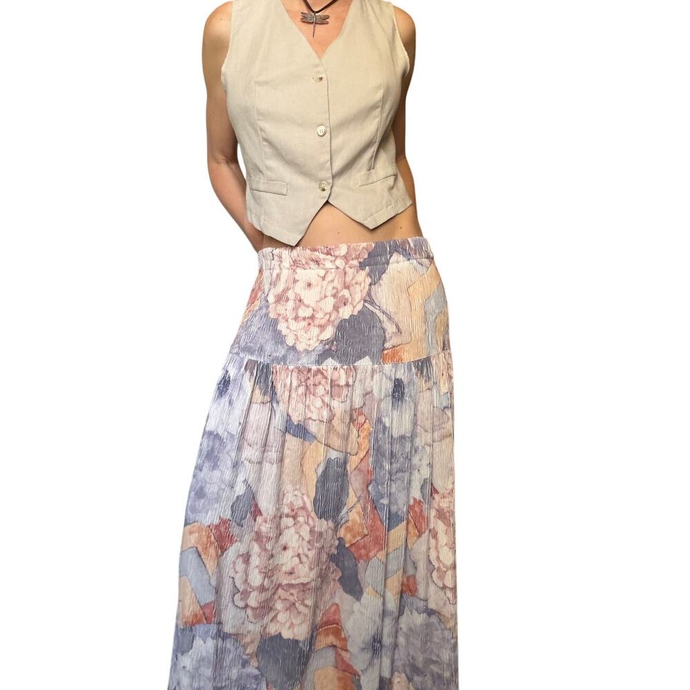 Vintage 90s Floral Crinkle Midi Skirt Made in USA Fairy Grunge